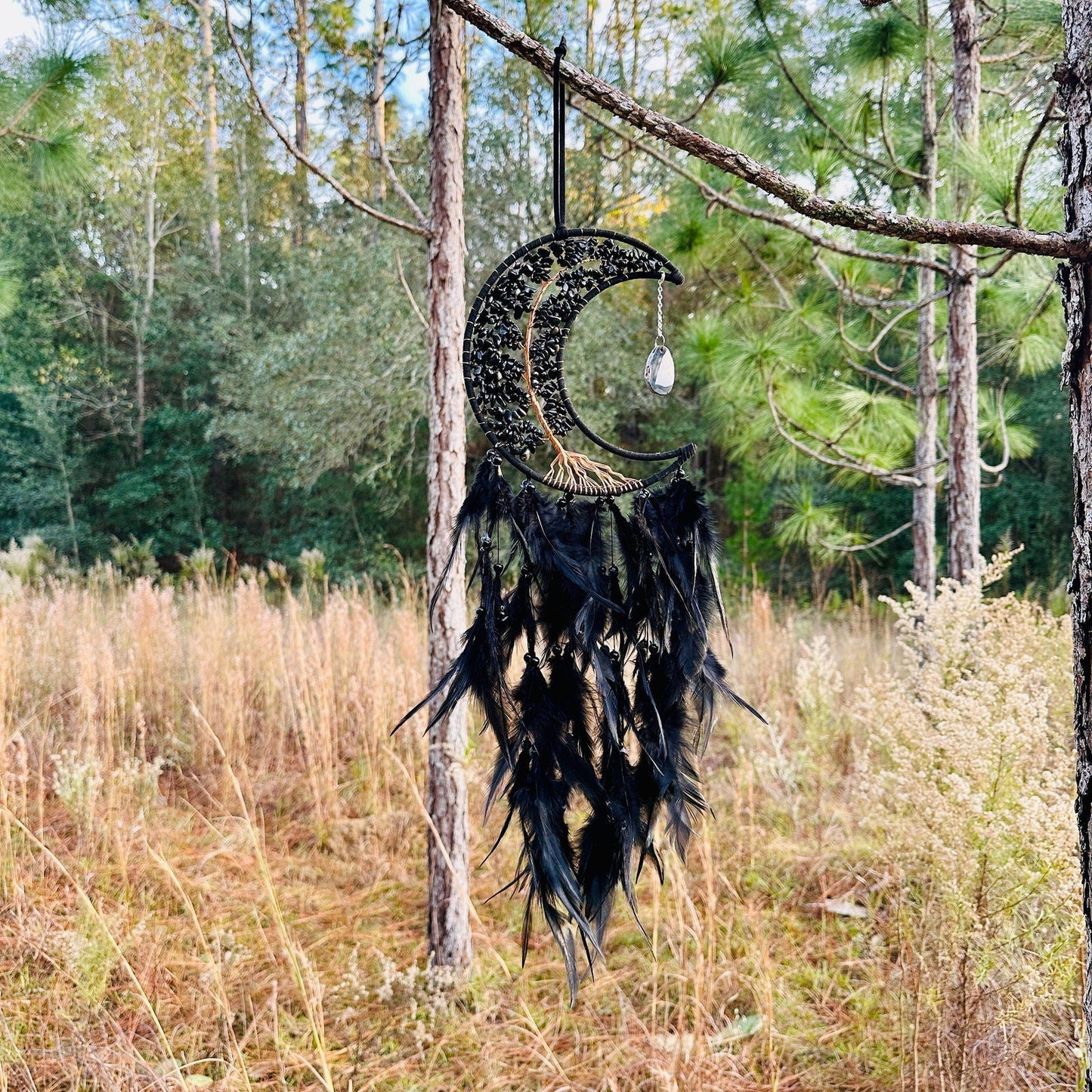 Medium Wall Hanging Crescent Moon Dream Catcher with Black Obsidian Stones & Hanging Stone Charm with Feathers Blacked Out Modern Home Decor-3