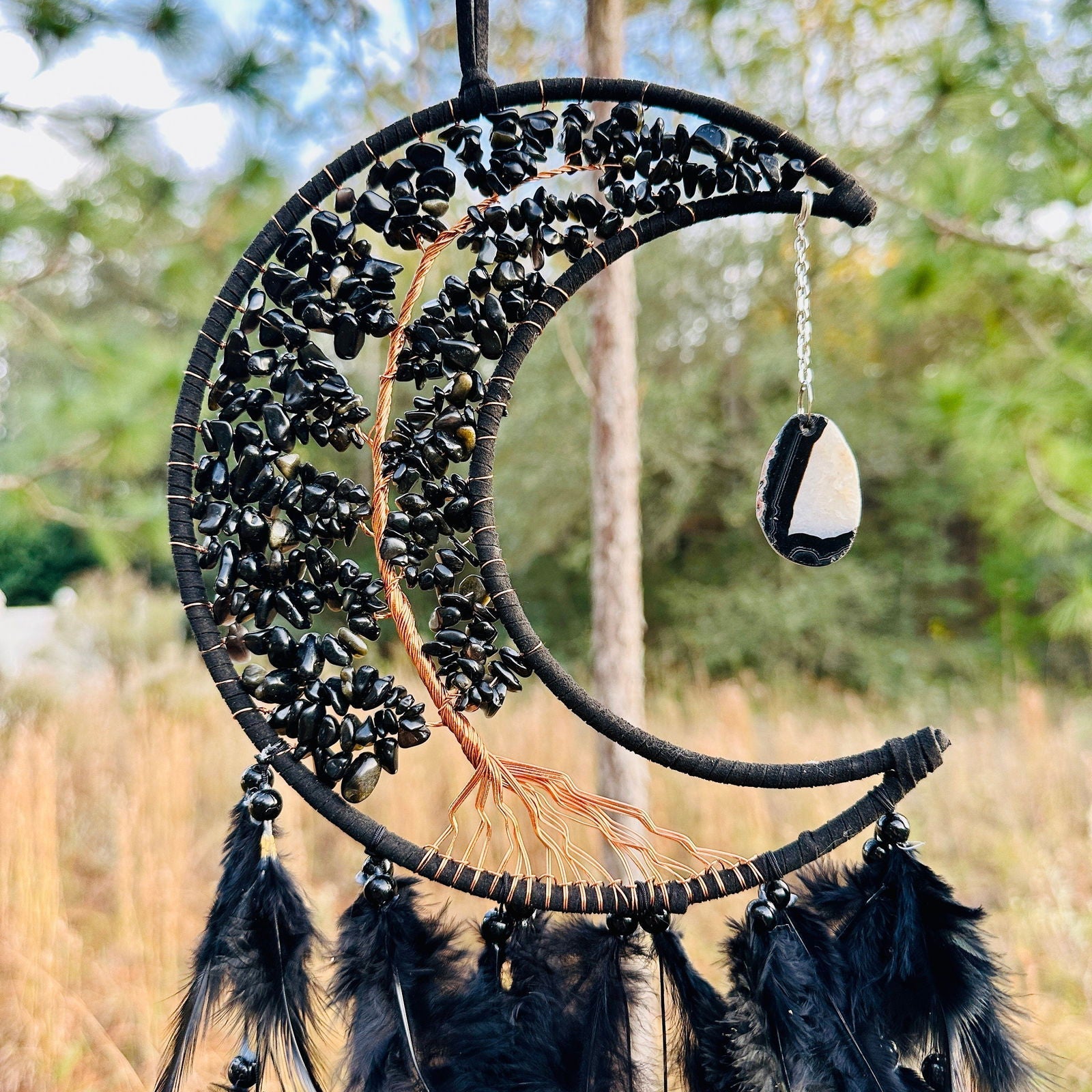 Medium Wall Hanging Crescent Moon Dream Catcher with Black Obsidian Stones & Hanging Stone Charm with Feathers Blacked Out Modern Home Decor-4