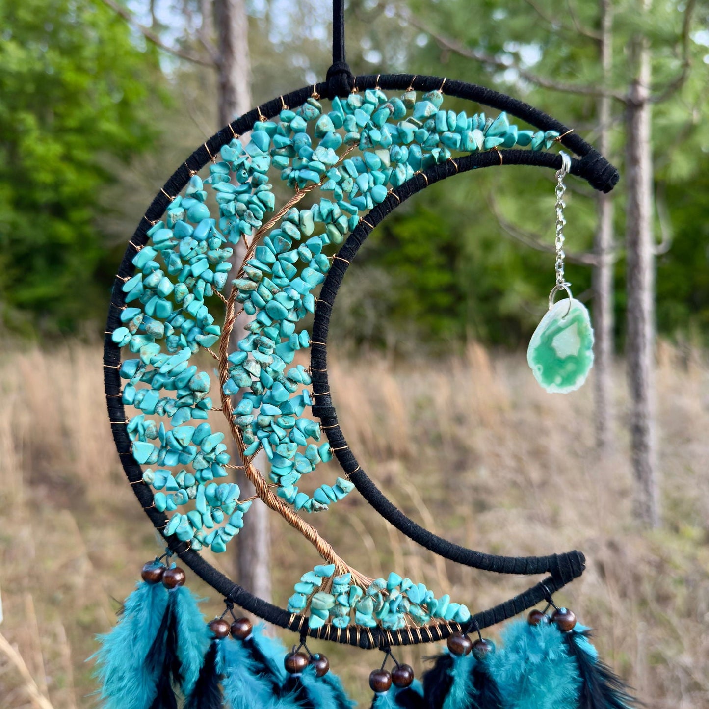 Medium Wall Hanging Crescent Moon Dream Catcher with Turquoise Stones & Hanging Stone Charm with Turquoise Black Feathers Modern Home Decor-4