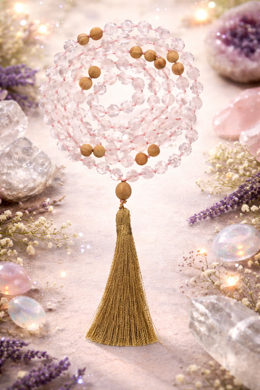 Rose Quartz & Sandalwood Mala Necklace | 108 Bead Meditation Mala | Healing Crystal Jewelry