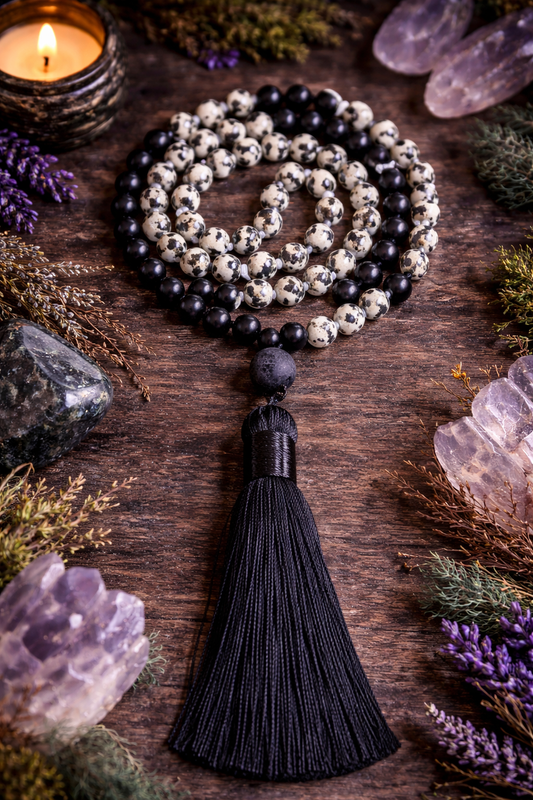 Joy Mala Necklace – Dalmatian Jasper 108 Bead Meditation Mala (6mm) Hand-Knotted