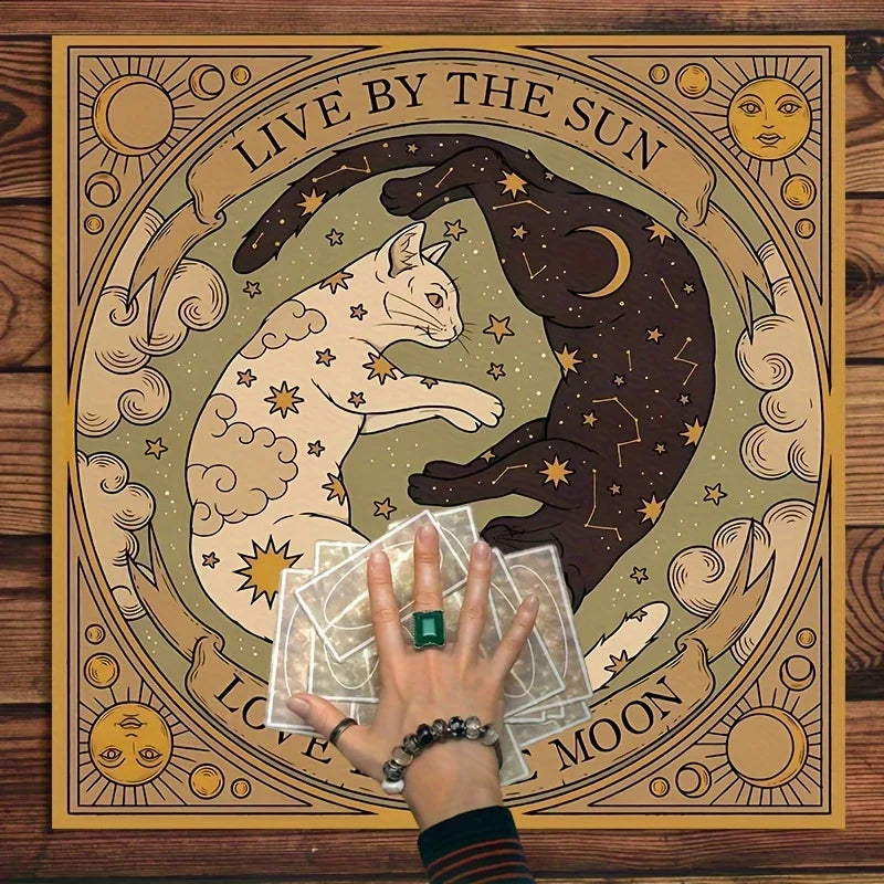 Sun & Moon Cat Altar Cloth | Yin Yang Cats Tarot Cloth, Celestial Witchy Decor Table Cover