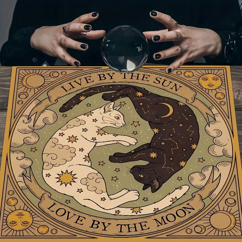 Sun & Moon Cat Altar Cloth | Yin Yang Cats Tarot Cloth, Celestial Witchy Decor Table Cover