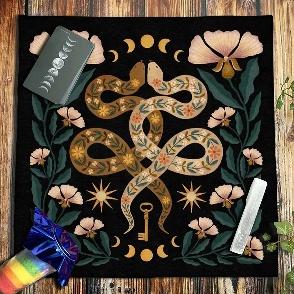 Celestial Snake Altar Cloth | Moon Phase Tarot Cloth, Witchy Decor & Spiritual Table Cover