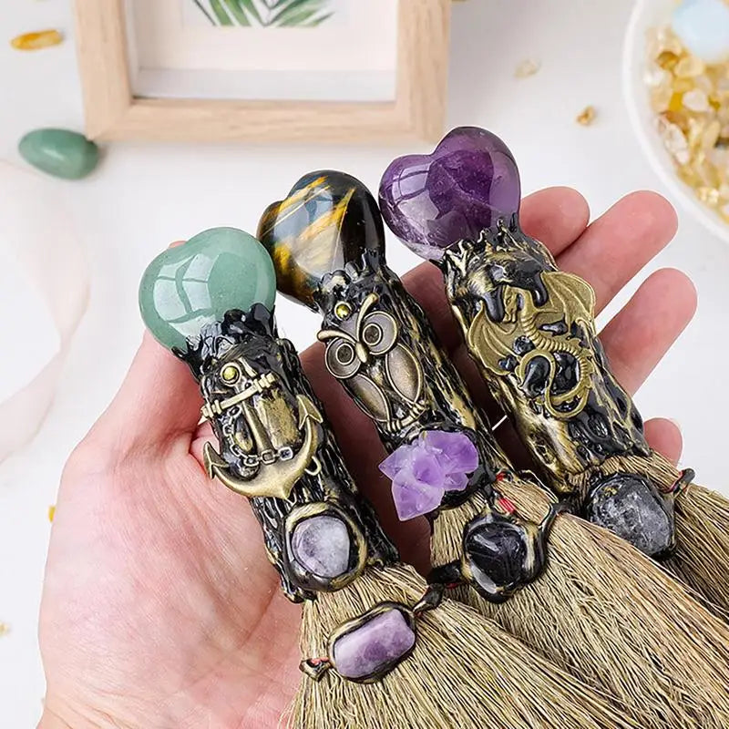 Crystal Ritual Broom | Handcrafted Witch Besom for Cleansing & Altar Decor