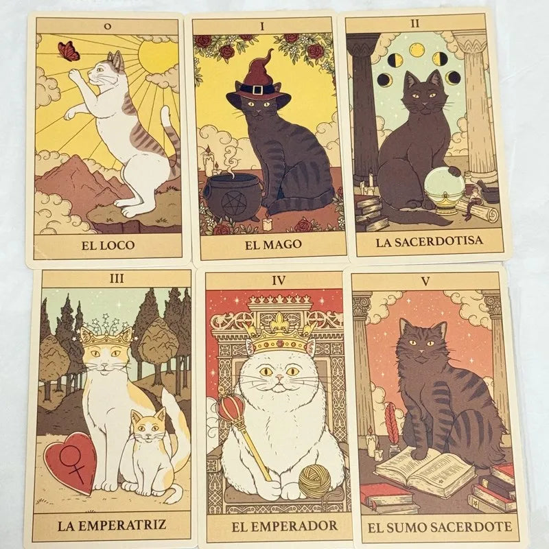 Cat Tarot Mini Deck | English & Spanish Pocket Tarot Cards with QR scan Guide | 78-Card Feline Tarot Set