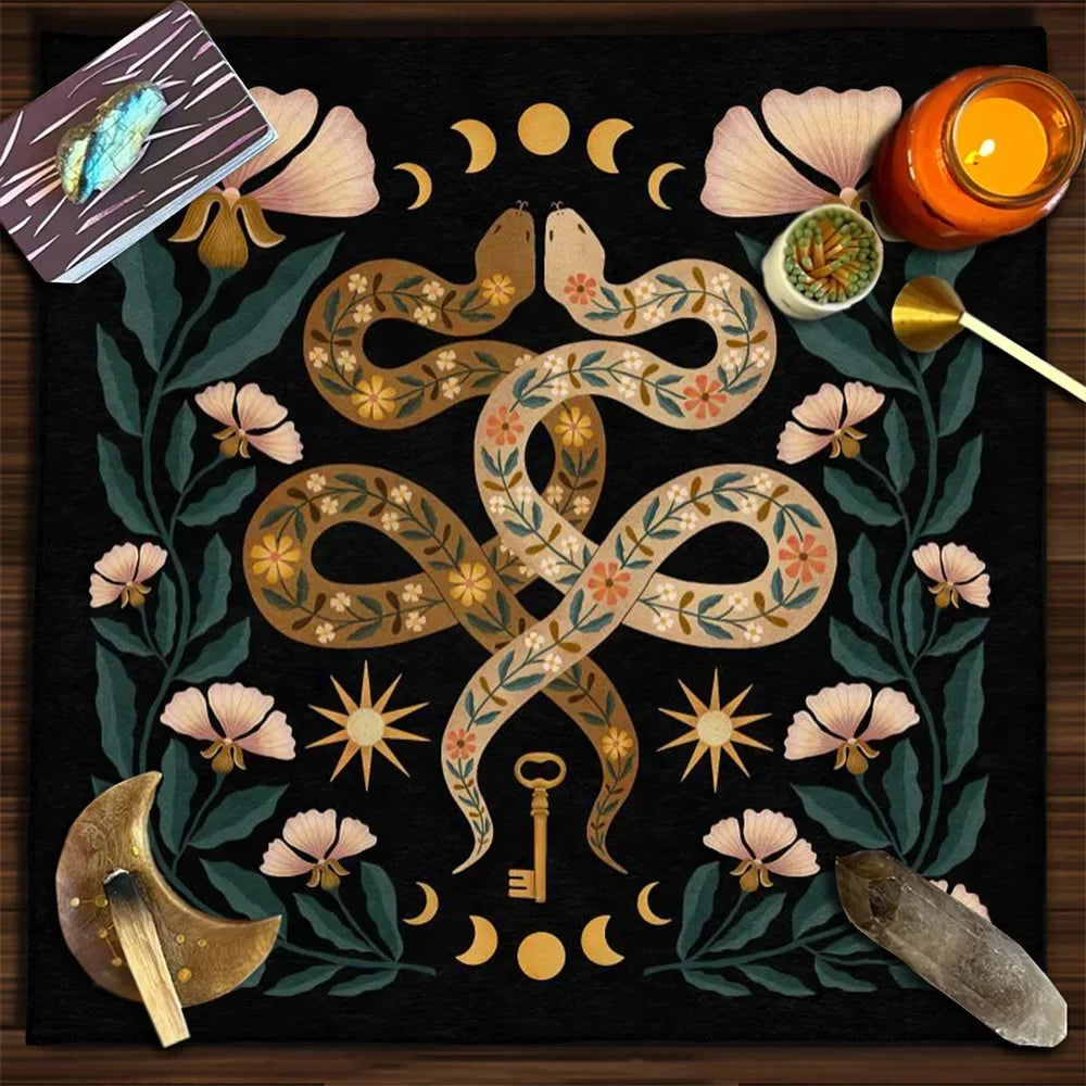 Celestial Snake Altar Cloth | Moon Phase Tarot Cloth, Witchy Decor & Spiritual Table Cover