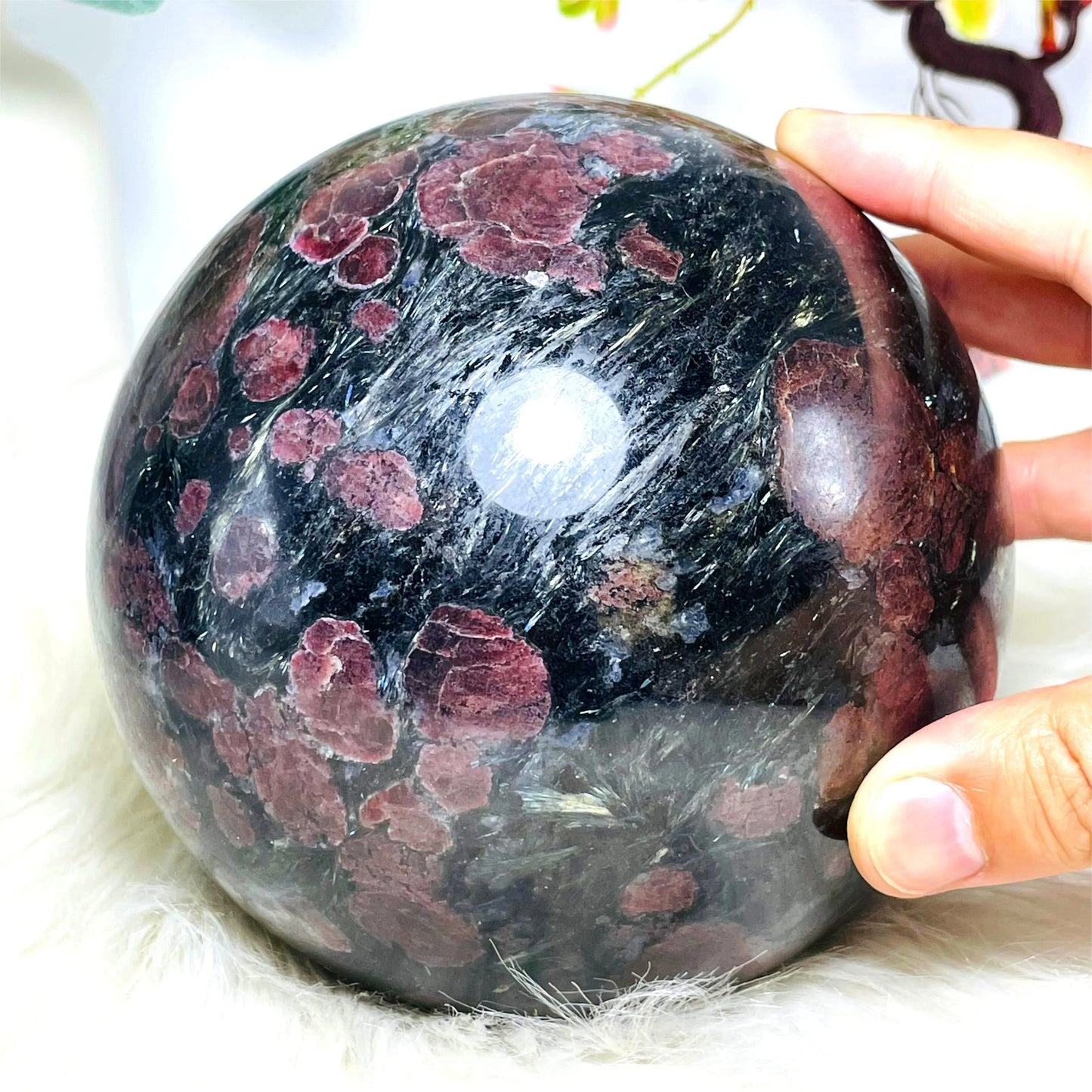 1pc Super Large Astrophyllite Garnet Crystal Ball, 4.3-5.1" Big Crystal Stone Sphere Crystals for Home Decor