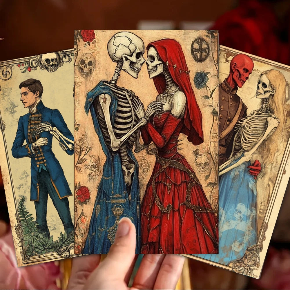 32PCS Vintage Gothic Postcards – Romantic Skeleton Couple Mail Cards for Journaling, Scrapbooking & Unique Mail Art