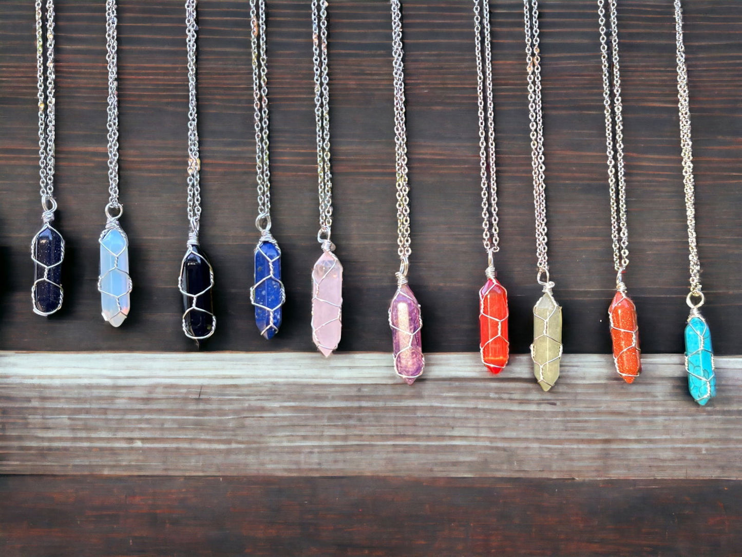Silver Wire Wrapped Crystal Gemstone Necklaces, Rose Quartz, Amethyst, Opal, Black Obsidian, Healing Stone Chakra Point Birthstone Necklaces-0