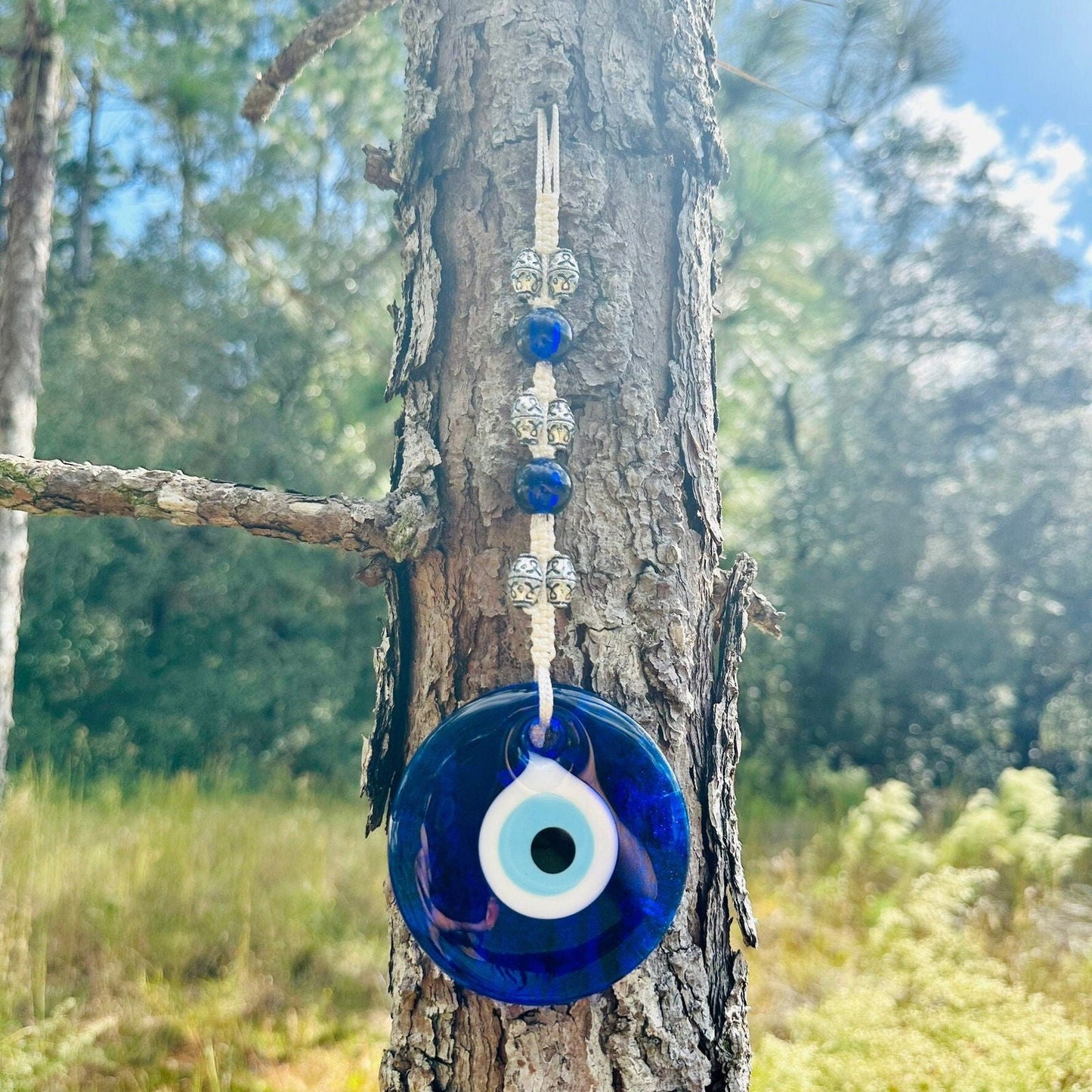 Wall Hanging Evil Eye Nazar Boncuk Mal De Ojo, Modern Boho Style Home Decor -- Silver/Blue/White-1