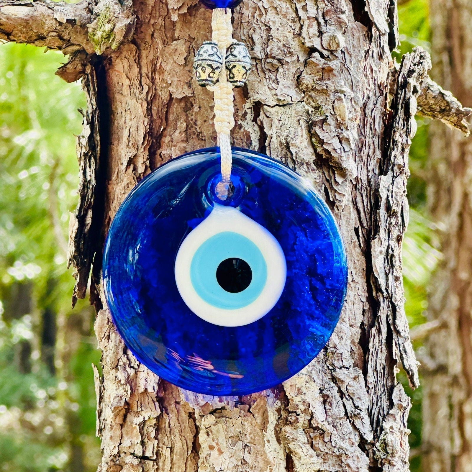 Wall Hanging Evil Eye Nazar Boncuk Mal De Ojo, Modern Boho Style Home Decor -- Silver/Blue/White-2