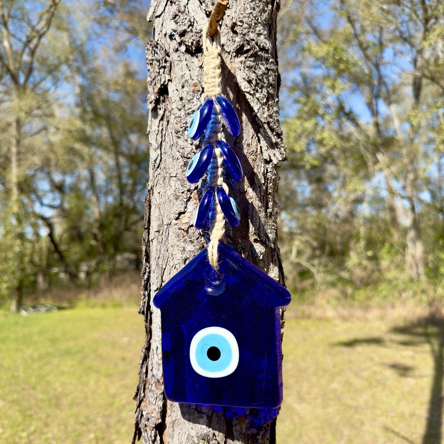 Wall Hanging Macrame Evil Eye Nazar Boncuk Mal De Ojo, Modern Boho Style Home Decor -- House Amulet with 6 Evil Eyes, Housewarming Gift-1