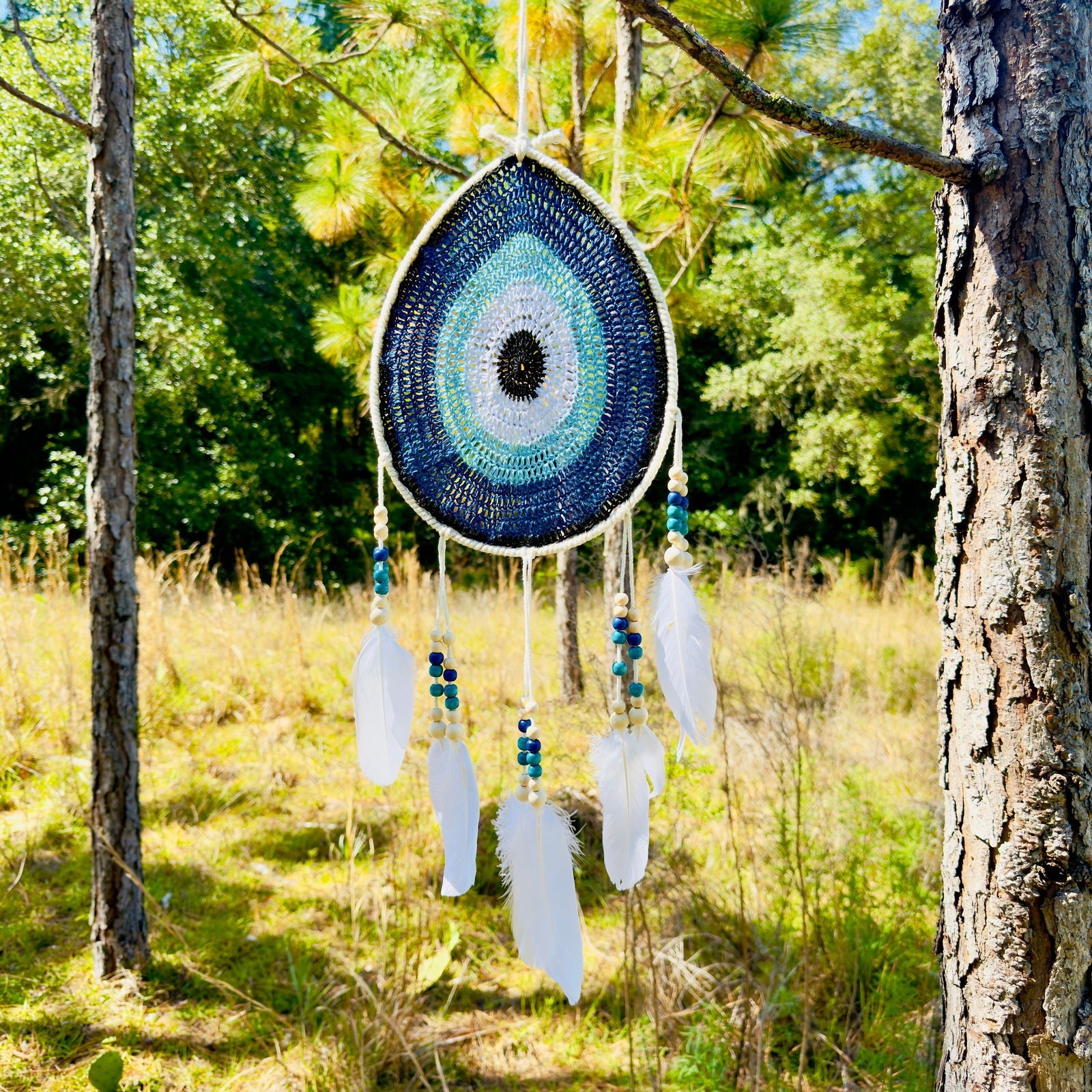 White Tear Drop Crochet Wall Hanging Evil Eye Nazar Boncuk Mal De Ojo Dream Catcher with Feathers, Modern Boho Style Home Decor-1