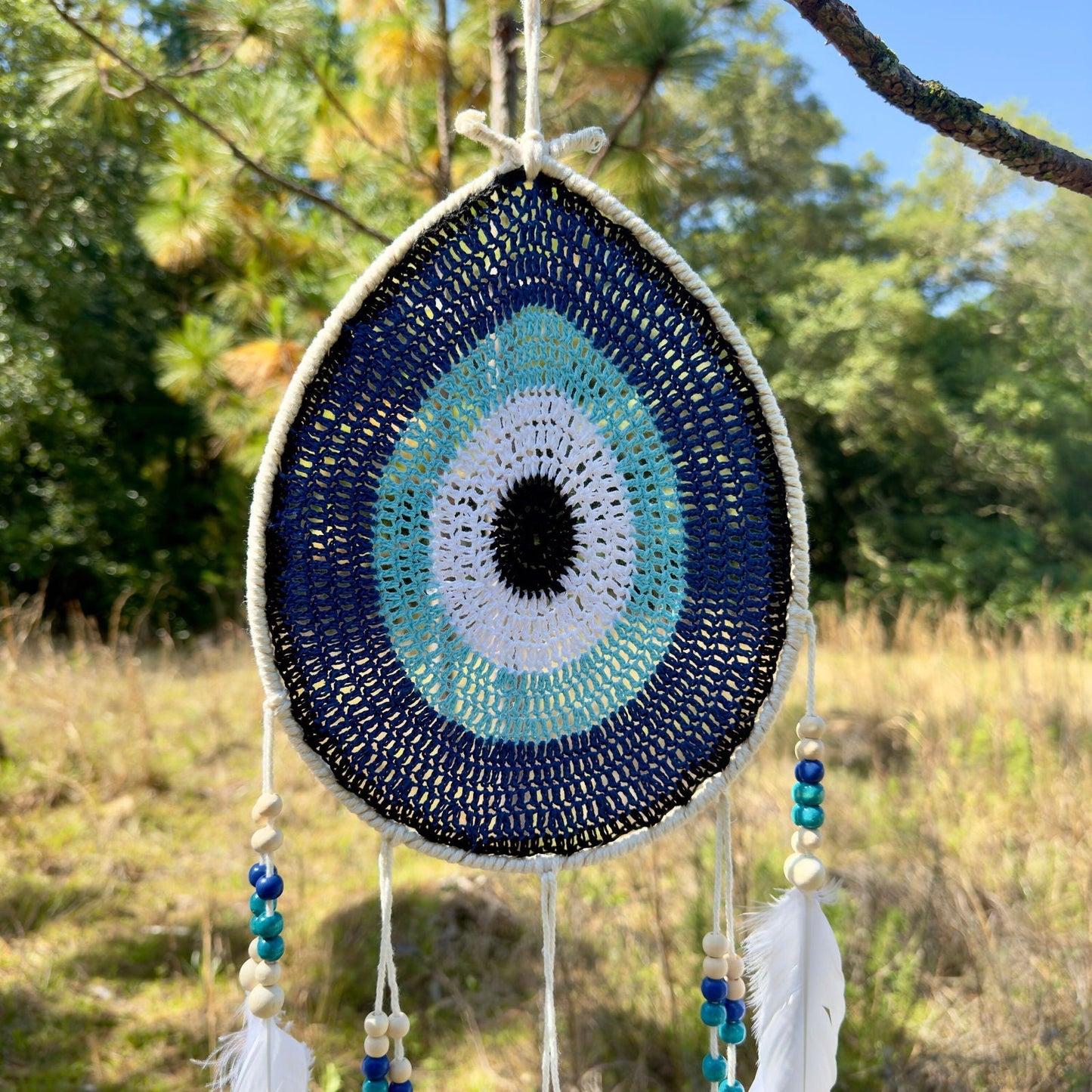 White Tear Drop Crochet Wall Hanging Evil Eye Nazar Boncuk Mal De Ojo Dream Catcher with Feathers, Modern Boho Style Home Decor-2