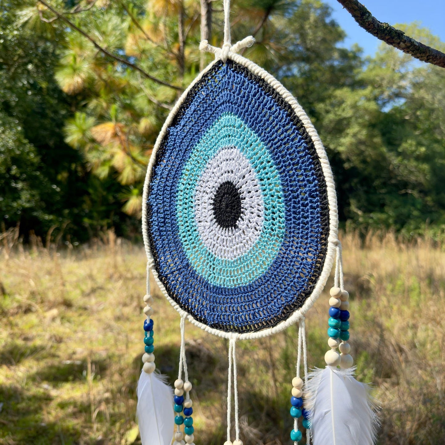 White Tear Drop Crochet Wall Hanging Evil Eye Nazar Boncuk Mal De Ojo Dream Catcher with Feathers, Modern Boho Style Home Decor-3