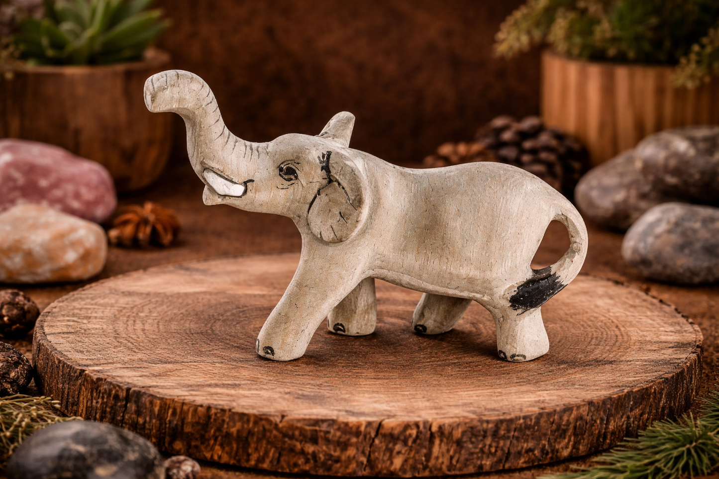 Hand Carved Elephant Ornament – African Wood Decor, Safari Animal Figurine, Fair Trade Artisan Gift