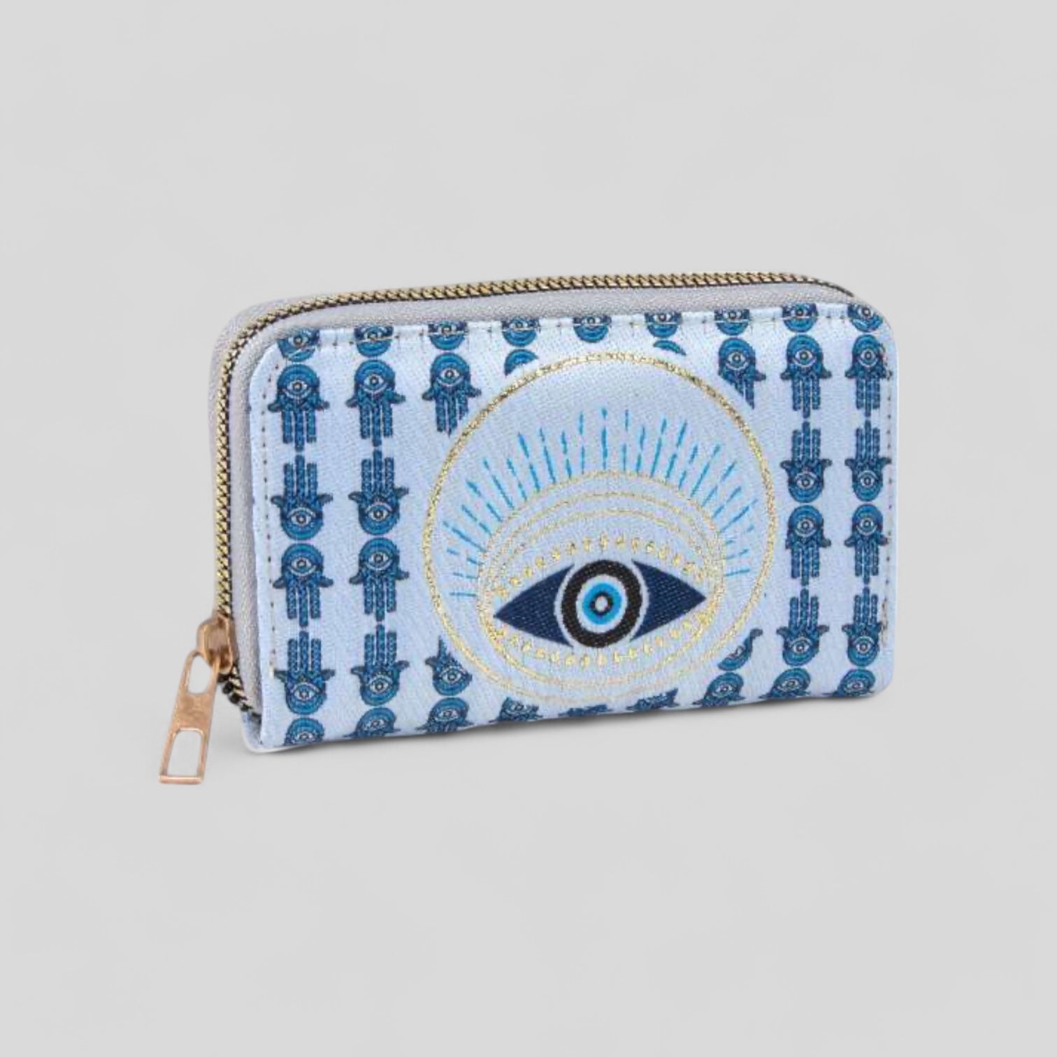 Hamsa Hand and Evil Eye Patterned Woven Zipper Wallet with Gold Accents-0
