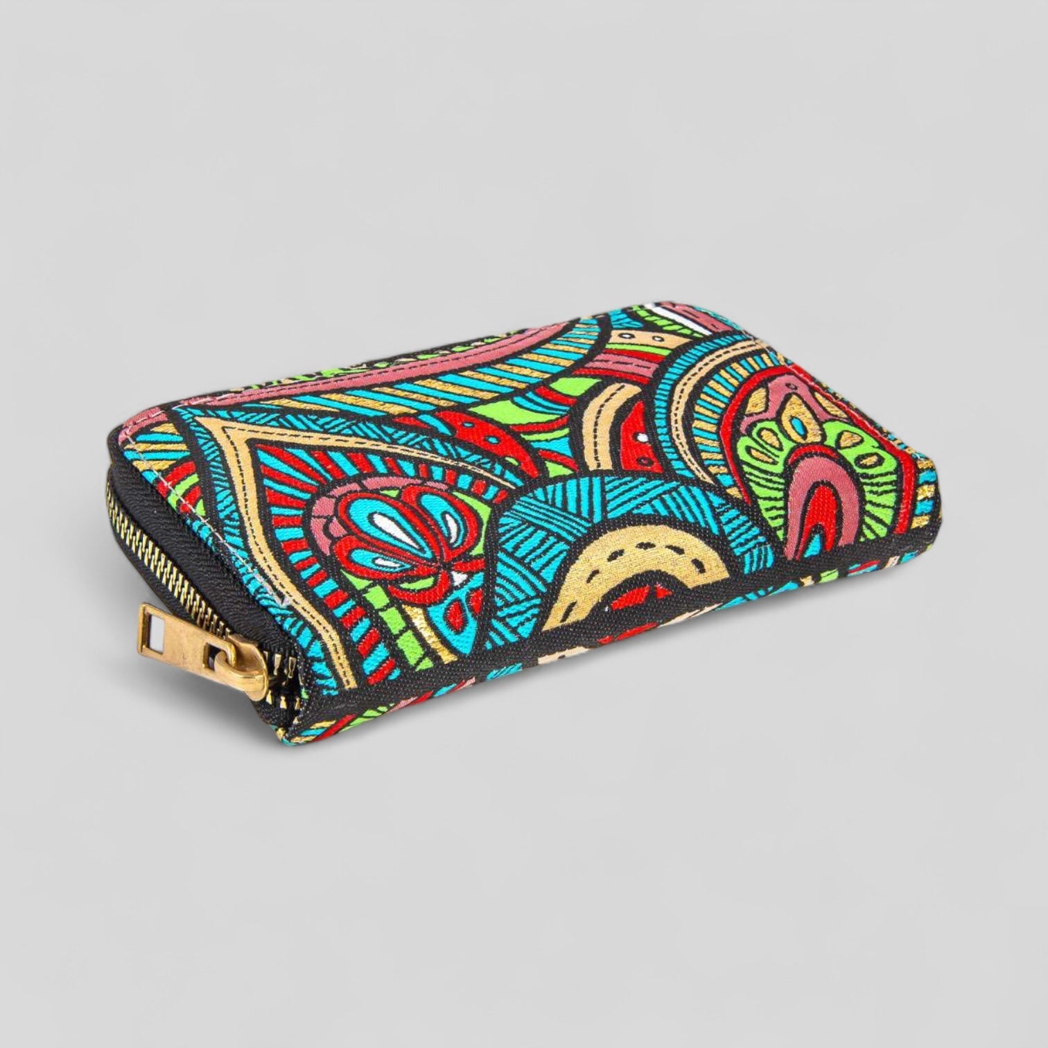 Vibrant Multicolor Floral Patterned Woven Zipper Wallet-2