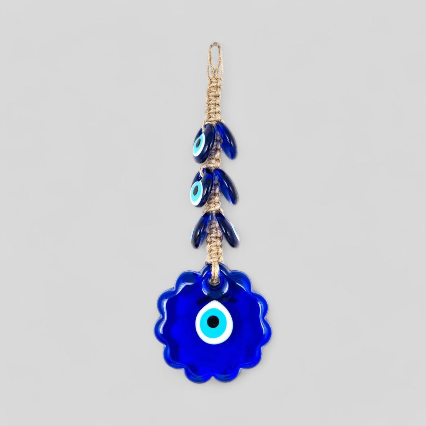 Wall Hanging Macrame Evil Eye Nazar Boncuk Mal De Ojo, Modern Boho Style Home Decor -- Flower Amulet with 6 Evil Eyes, Housewarming Gift-0