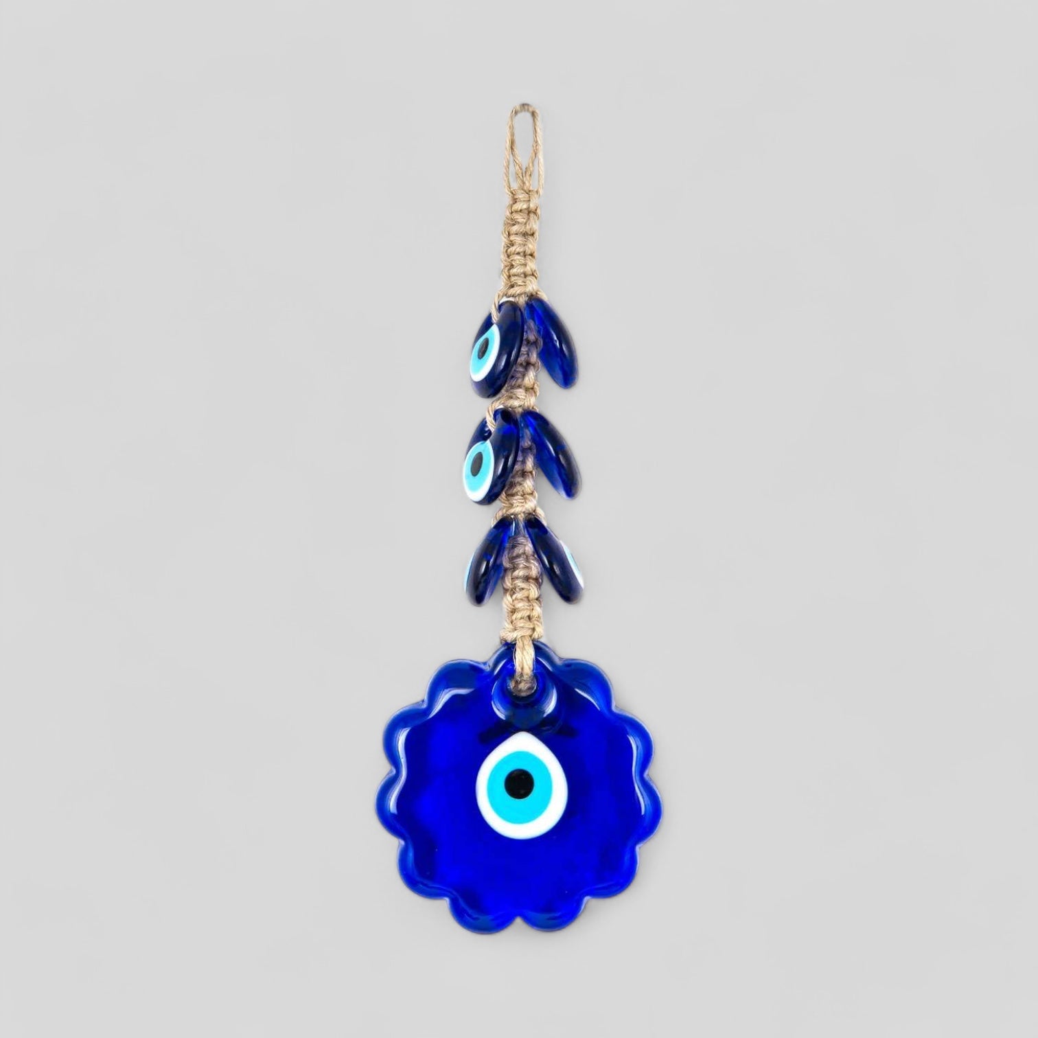 Wall Hanging Macrame Evil Eye Nazar Boncuk Mal De Ojo, Modern Boho Style Home Decor -- Flower Amulet with 6 Evil Eyes, Housewarming Gift-0