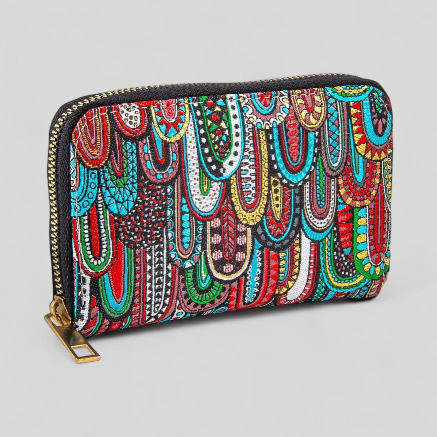 Vibrant Multicolor Geometric Patterned Woven Zipper Wallet-0