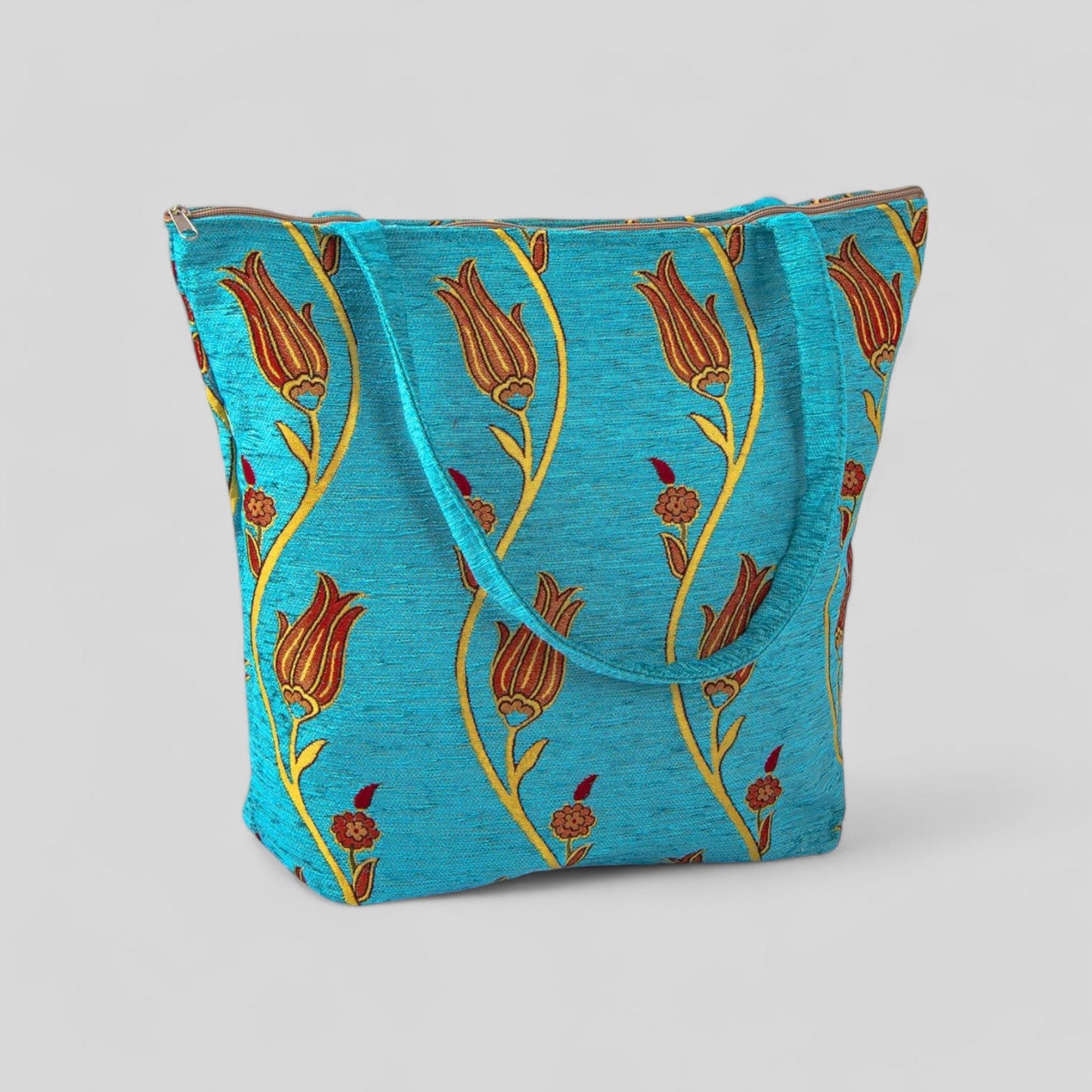 Authentic Kilim Fabric Ottoman Tulips Design Purse with Handles, Turkish Carpet, Beach Bag, Tote, Reusable Shopping Bag -- Turquoise/Gold-0