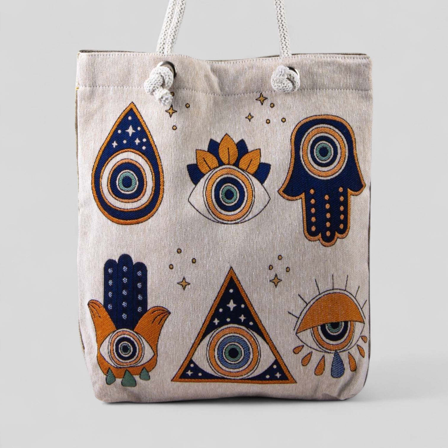 Authentic Kilim Fabric Purse with Rope Handles, Turkish Carpet, Beach Bag, Tote, Reusable Shopping Bag -- Evil Eye Pattern-0