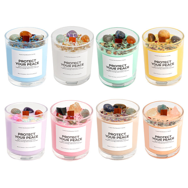 Crystal Soy Wax Aromatherapy Candle 8.5oz | Wooden Wick Dried Flower Candle | Healing Energy Relaxation Gift Home Decor