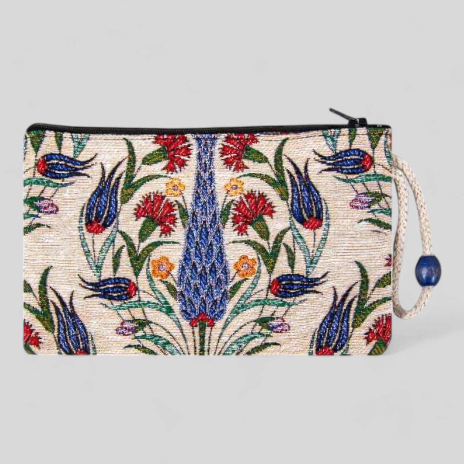 Authentic Kilim Fabric Ottoman Tulips Design Zipper Clutch Purse, Turkish Carpet, Pouch, Coin Purse, Wallet, Small Storage -- Blue Tulips-0