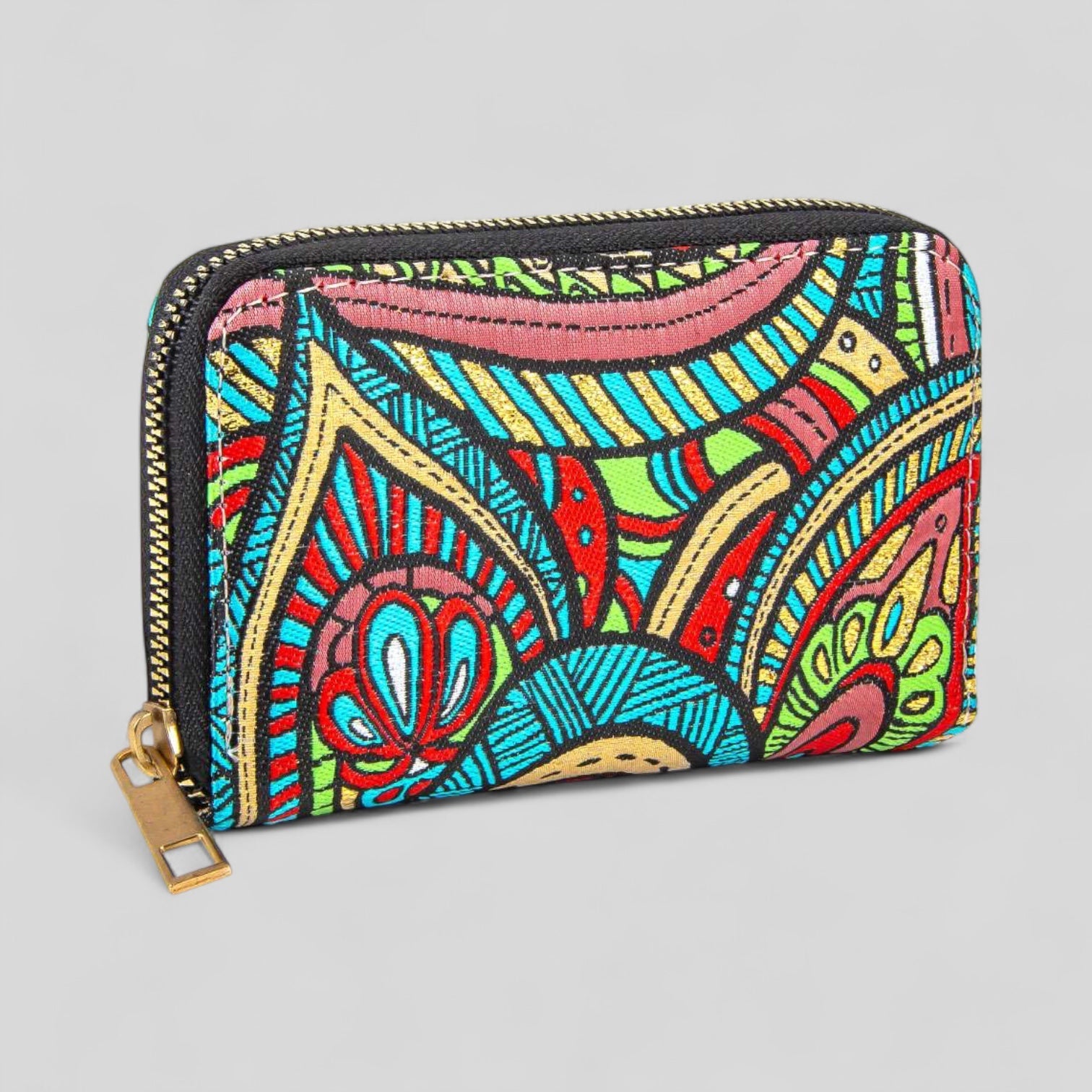 Vibrant Multicolor Floral Patterned Woven Zipper Wallet-0