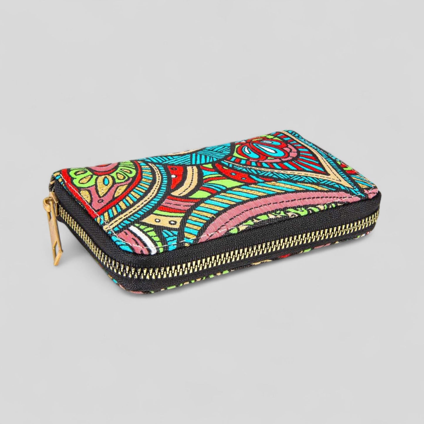 Vibrant Multicolor Floral Patterned Woven Zipper Wallet-1
