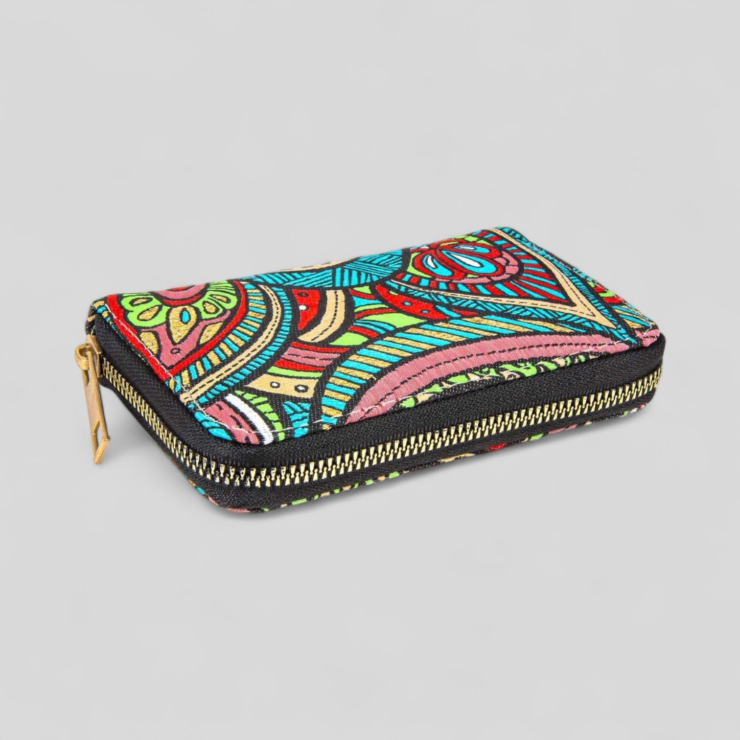 Vibrant Multicolor Floral Patterned Woven Zipper Wallet-1