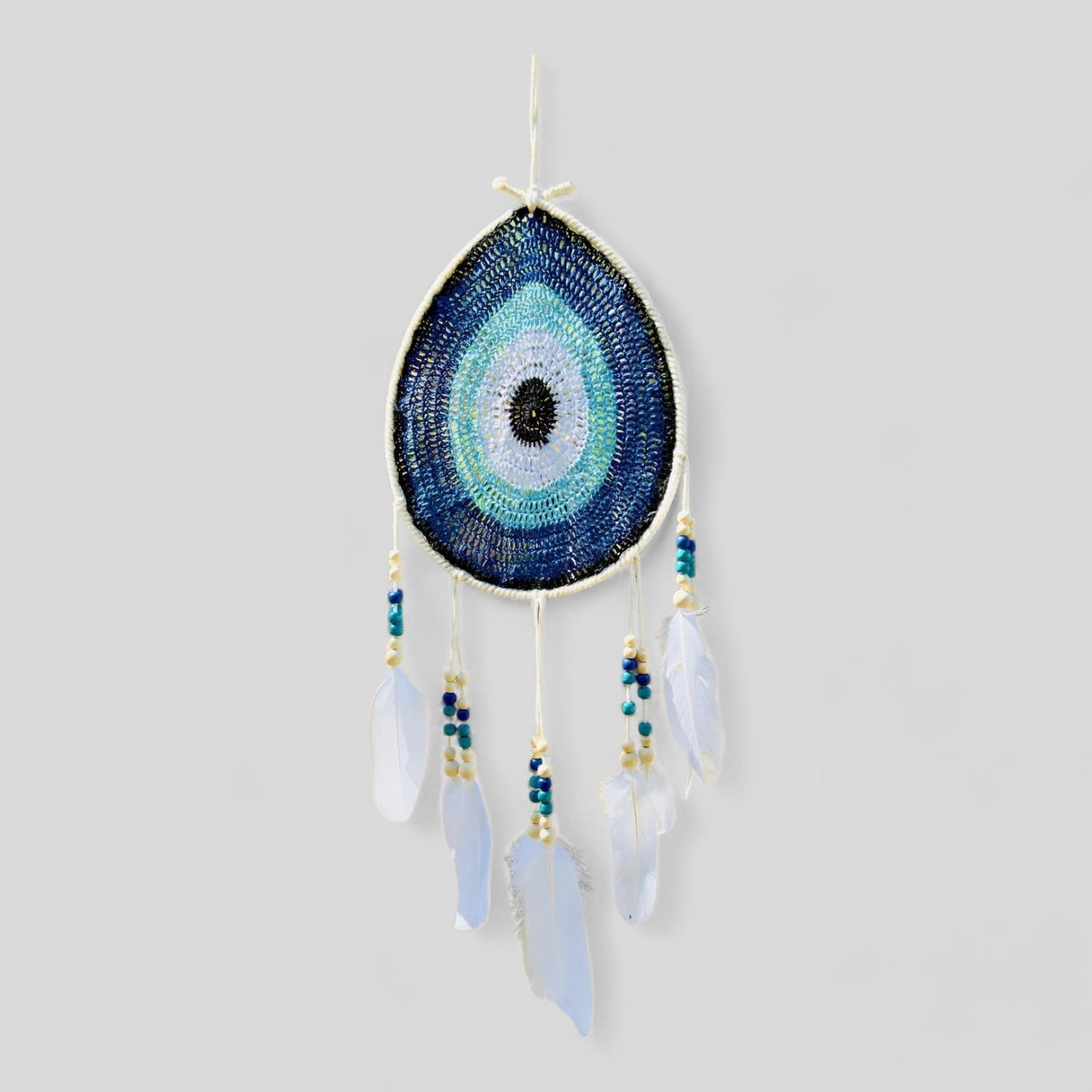 White Tear Drop Crochet Wall Hanging Evil Eye Nazar Boncuk Mal De Ojo Dream Catcher with Feathers, Modern Boho Style Home Decor-0