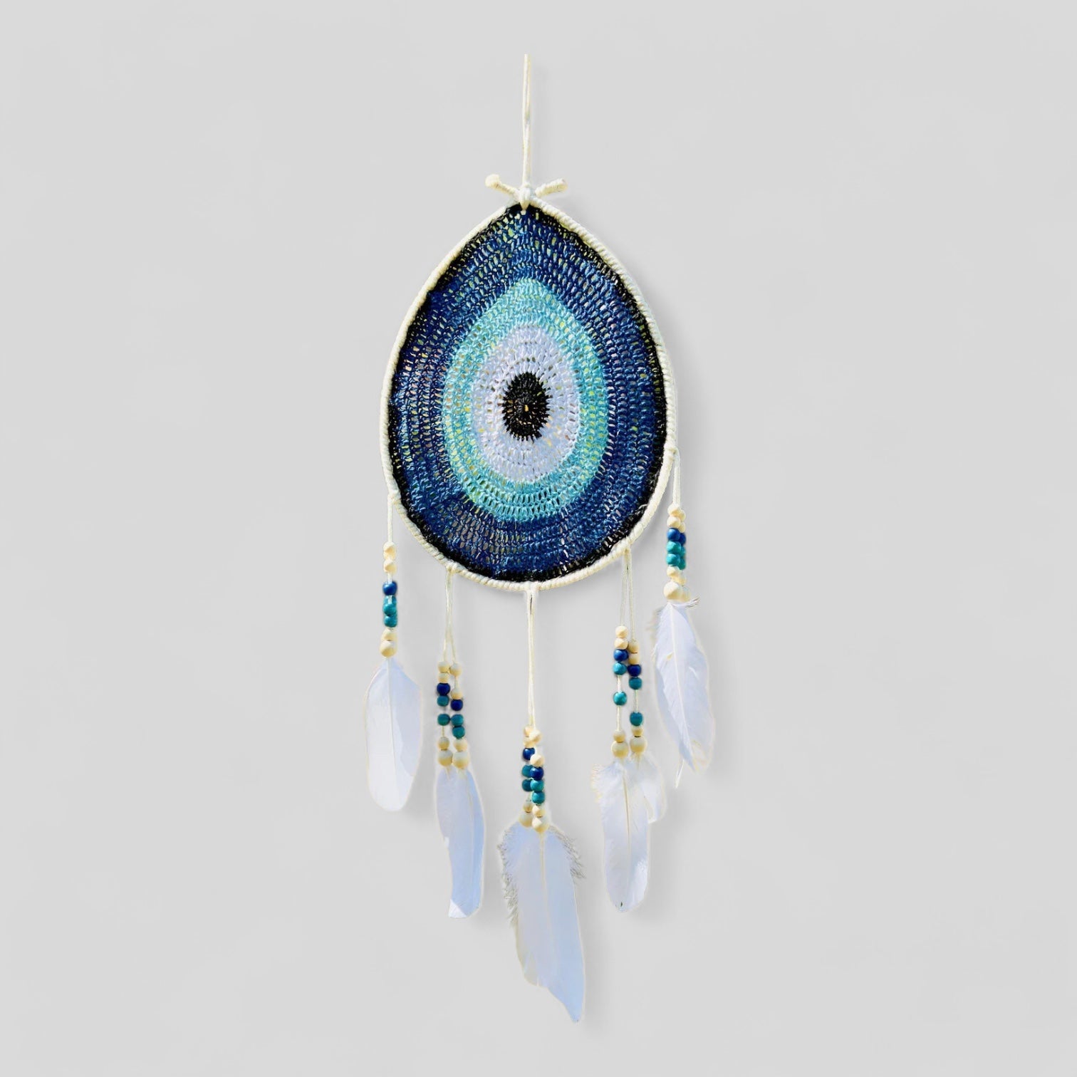 White Tear Drop Crochet Wall Hanging Evil Eye Nazar Boncuk Mal De Ojo Dream Catcher with Feathers, Modern Boho Style Home Decor-0